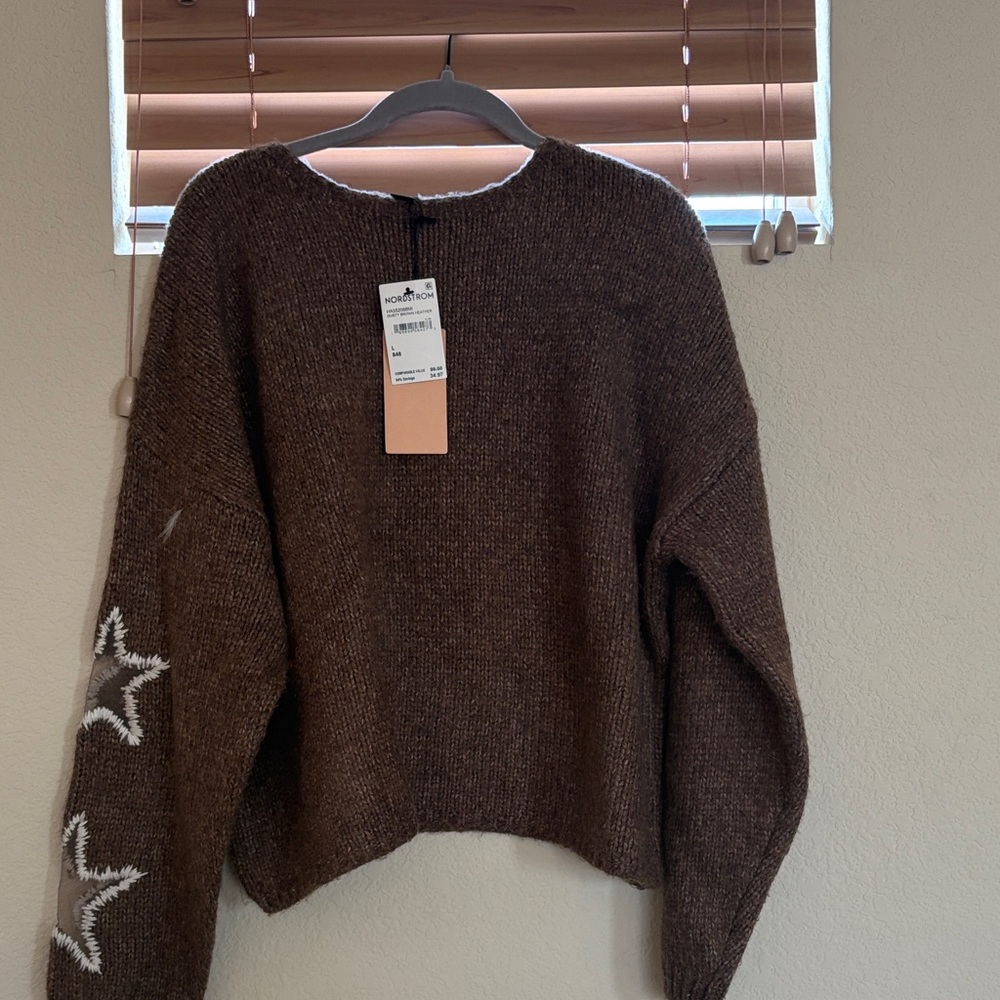 Halogen Brown Crewneck Sweater with White Star Sleeve Accents